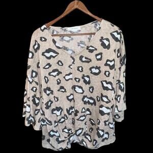 Raw Edge Cheetah Print‎ V-Neck Sweater Front Knot Medium Peach Gray White Knit